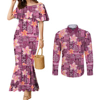 Pink Hawaii Plumeria With Tropical Flowers Motifs Couples Matching Mermaid Dress and Long Sleeve Button Shirt LT14 Pink - Polynesian Pride
