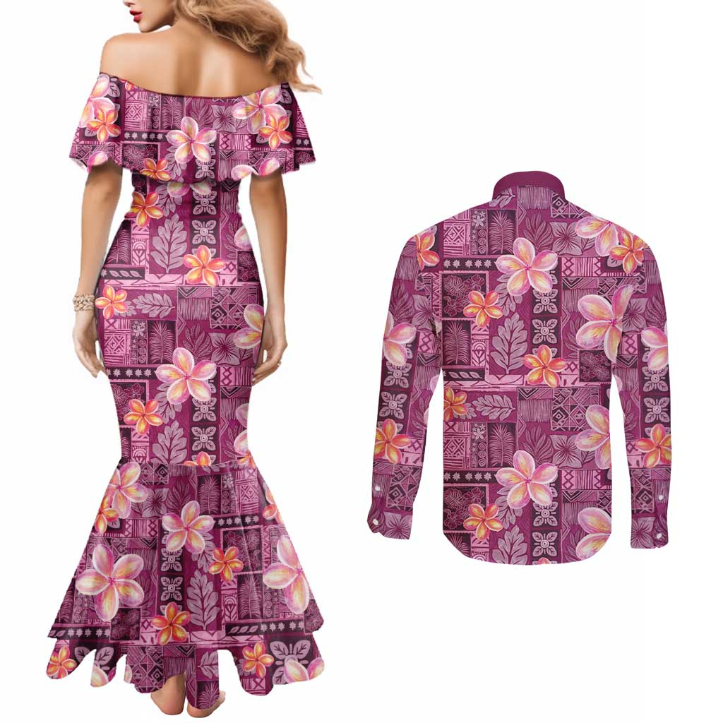 Pink Hawaii Plumeria With Tropical Flowers Motifs Couples Matching Mermaid Dress and Long Sleeve Button Shirt LT14 - Polynesian Pride