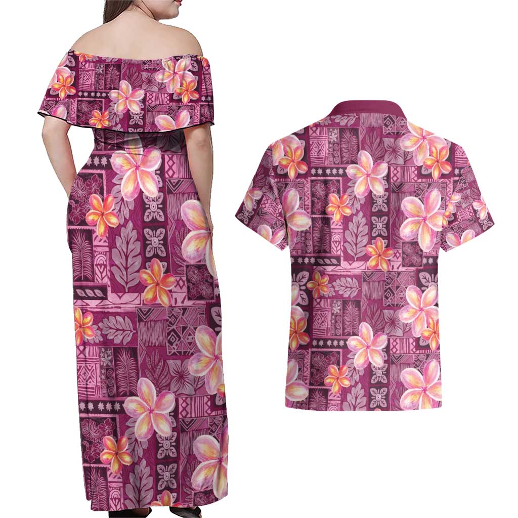 Pink Hawaii Plumeria With Tropical Flowers Motifs Couples Matching Off Shoulder Maxi Dress and Hawaiian Shirt LT14 - Polynesian Pride