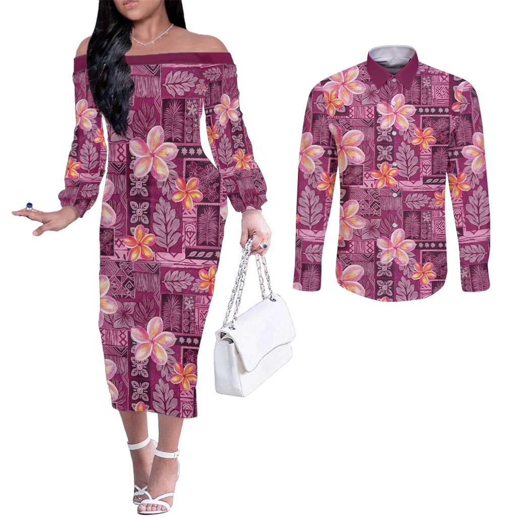 Pink Hawaii Plumeria With Tropical Flowers Motifs Couples Matching Off The Shoulder Long Sleeve Dress and Long Sleeve Button Shirt LT14 Pink - Polynesian Pride