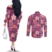 Pink Hawaii Plumeria With Tropical Flowers Motifs Couples Matching Off The Shoulder Long Sleeve Dress and Long Sleeve Button Shirt LT14 - Polynesian Pride