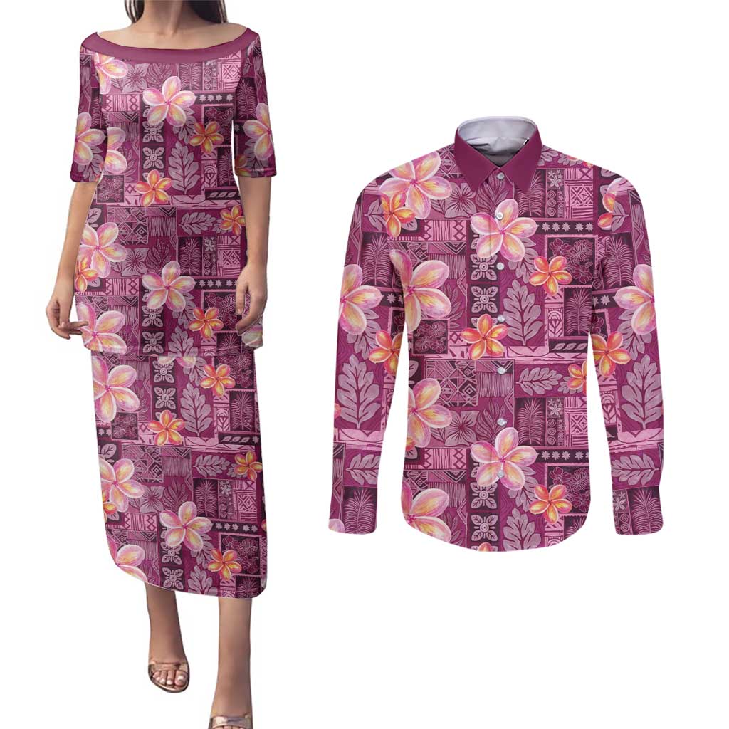 Pink Hawaii Plumeria With Tropical Flowers Motifs Couples Matching Puletasi and Long Sleeve Button Shirt LT14 Pink - Polynesian Pride