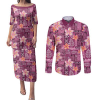 Pink Hawaii Plumeria With Tropical Flowers Motifs Couples Matching Puletasi and Long Sleeve Button Shirt LT14 Pink - Polynesian Pride