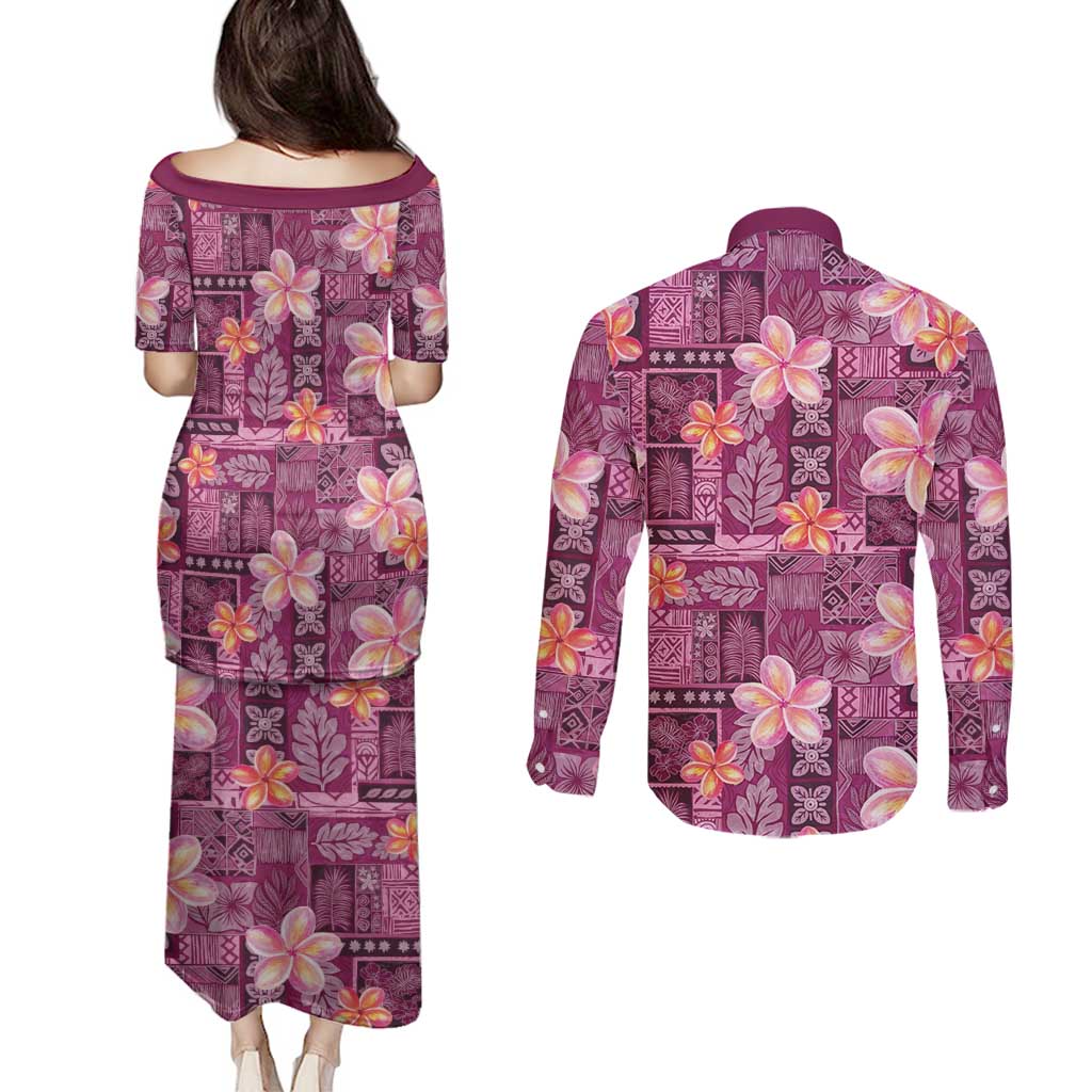 Pink Hawaii Plumeria With Tropical Flowers Motifs Couples Matching Puletasi and Long Sleeve Button Shirt LT14 - Polynesian Pride