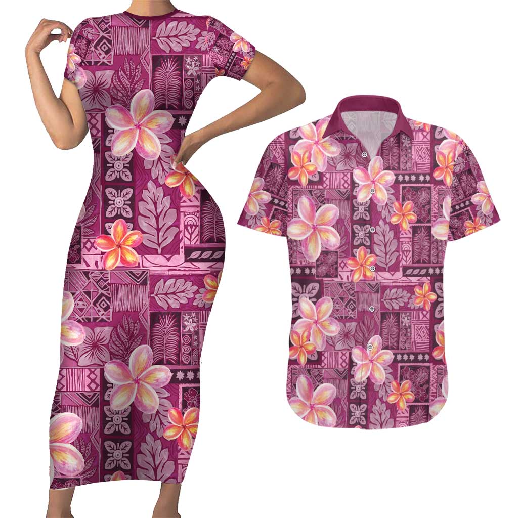 Pink Hawaii Plumeria With Tropical Flowers Motifs Couples Matching Short Sleeve Bodycon Dress and Hawaiian Shirt LT14 Pink - Polynesian Pride