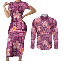 Pink Hawaii Plumeria With Tropical Flowers Motifs Couples Matching Short Sleeve Bodycon Dress and Long Sleeve Button Shirt LT14 Pink - Polynesian Pride