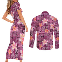 Pink Hawaii Plumeria With Tropical Flowers Motifs Couples Matching Short Sleeve Bodycon Dress and Long Sleeve Button Shirt LT14 - Polynesian Pride