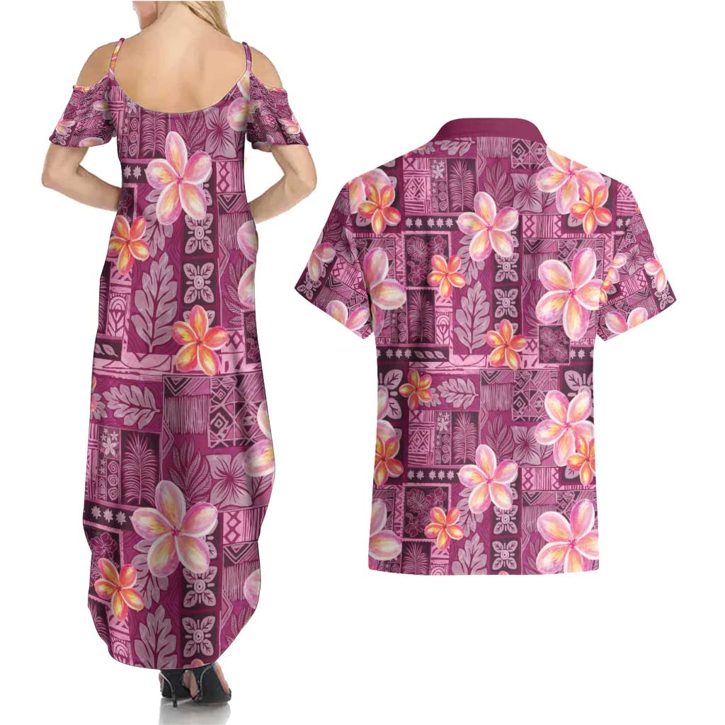 Pink Hawaii Plumeria With Tropical Flowers Motifs Couples Matching Summer Maxi Dress and Hawaiian Shirt LT14 - Polynesian Pride