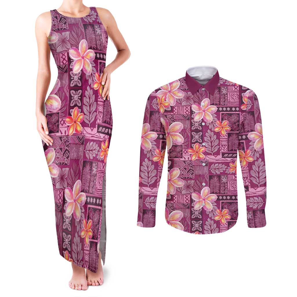 Pink Hawaii Plumeria With Tropical Flowers Motifs Couples Matching Tank Maxi Dress and Long Sleeve Button Shirt LT14 Pink - Polynesian Pride