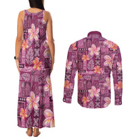 Pink Hawaii Plumeria With Tropical Flowers Motifs Couples Matching Tank Maxi Dress and Long Sleeve Button Shirt LT14 - Polynesian Pride