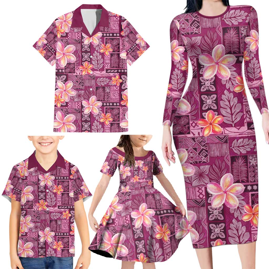 Pink Hawaii Plumeria With Tropical Flowers Motifs Family Matching Long Sleeve Bodycon Dress and Hawaiian Shirt LT14 - Polynesian Pride