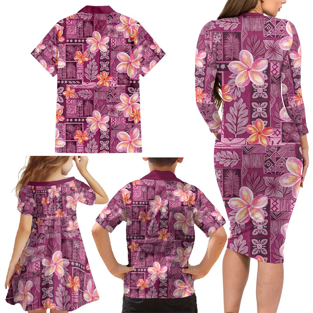 Pink Hawaii Plumeria With Tropical Flowers Motifs Family Matching Long Sleeve Bodycon Dress and Hawaiian Shirt LT14 - Polynesian Pride