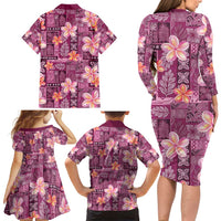 Pink Hawaii Plumeria With Tropical Flowers Motifs Family Matching Long Sleeve Bodycon Dress and Hawaiian Shirt LT14 - Polynesian Pride