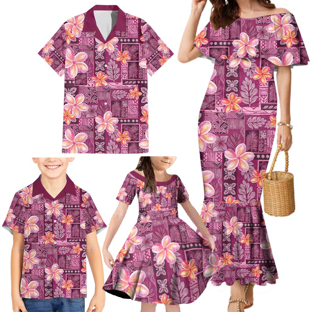 Pink Hawaii Plumeria With Tropical Flowers Motifs Family Matching Mermaid Dress and Hawaiian Shirt LT14 - Polynesian Pride