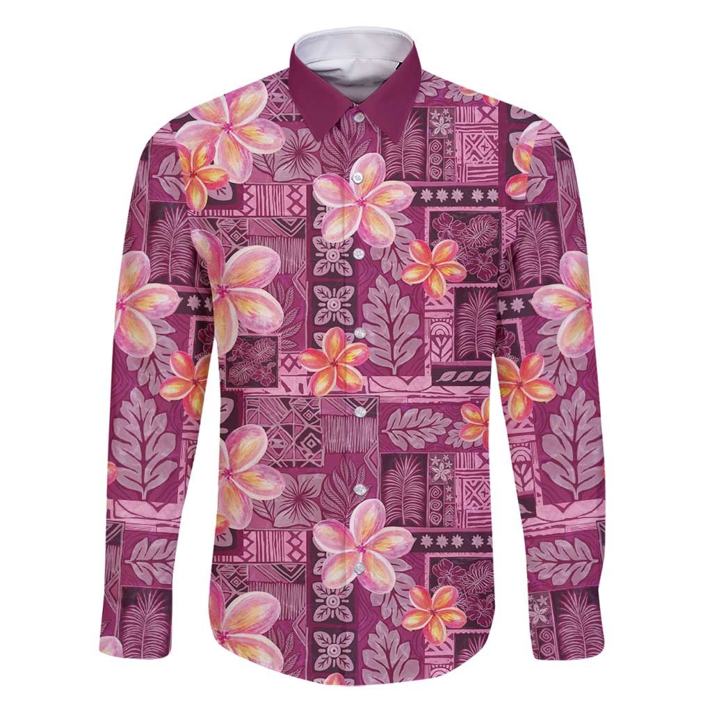 Pink Hawaii Plumeria With Tropical Flowers Motifs Family Matching Mermaid Dress and Hawaiian Shirt LT14 Dad's Shirt - Long Sleeve Pink - Polynesian Pride