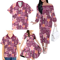 Pink Hawaii Plumeria With Tropical Flowers Motifs Family Matching Off The Shoulder Long Sleeve Dress and Hawaiian Shirt LT14 - Polynesian Pride
