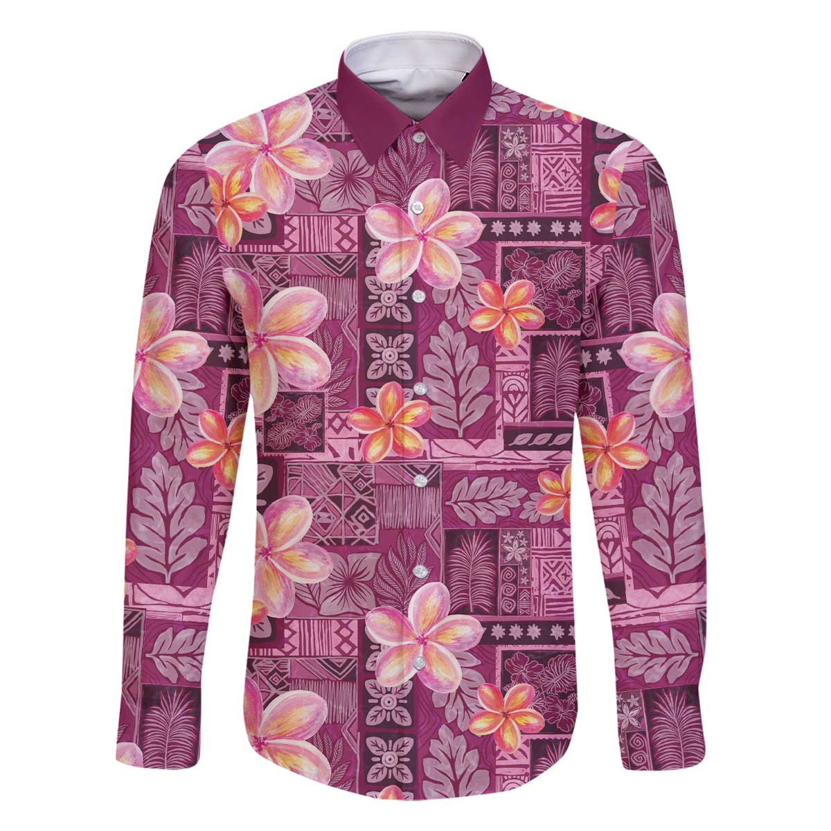 Pink Hawaii Plumeria With Tropical Flowers Motifs Family Matching Off The Shoulder Long Sleeve Dress and Hawaiian Shirt LT14 Dad's Shirt - Long Sleeve Pink - Polynesian Pride