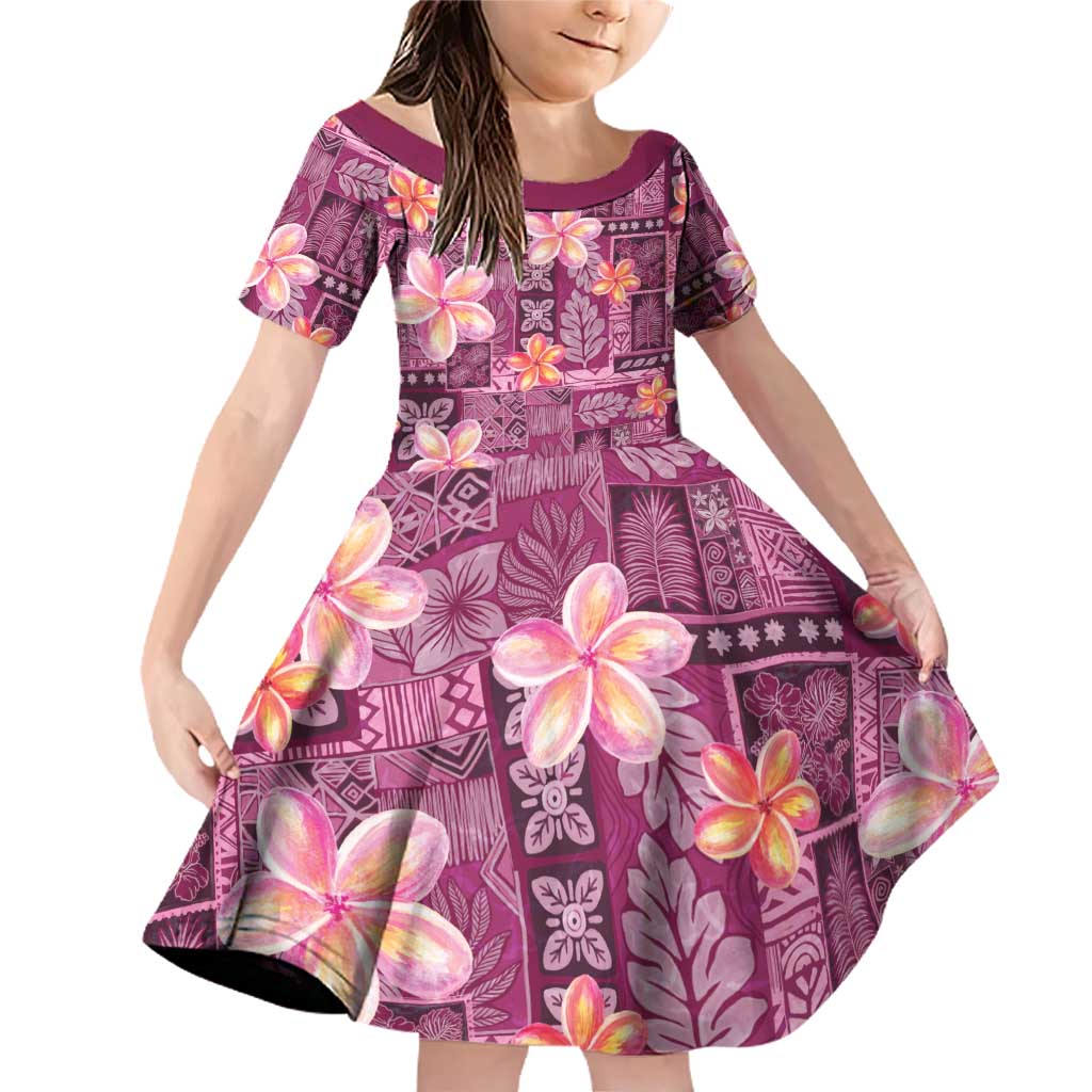 Pink Hawaii Plumeria With Tropical Flowers Motifs Family Matching Off Shoulder Short Dress and Hawaiian Shirt LT14 Daughter's Dress Pink - Polynesian Pride
