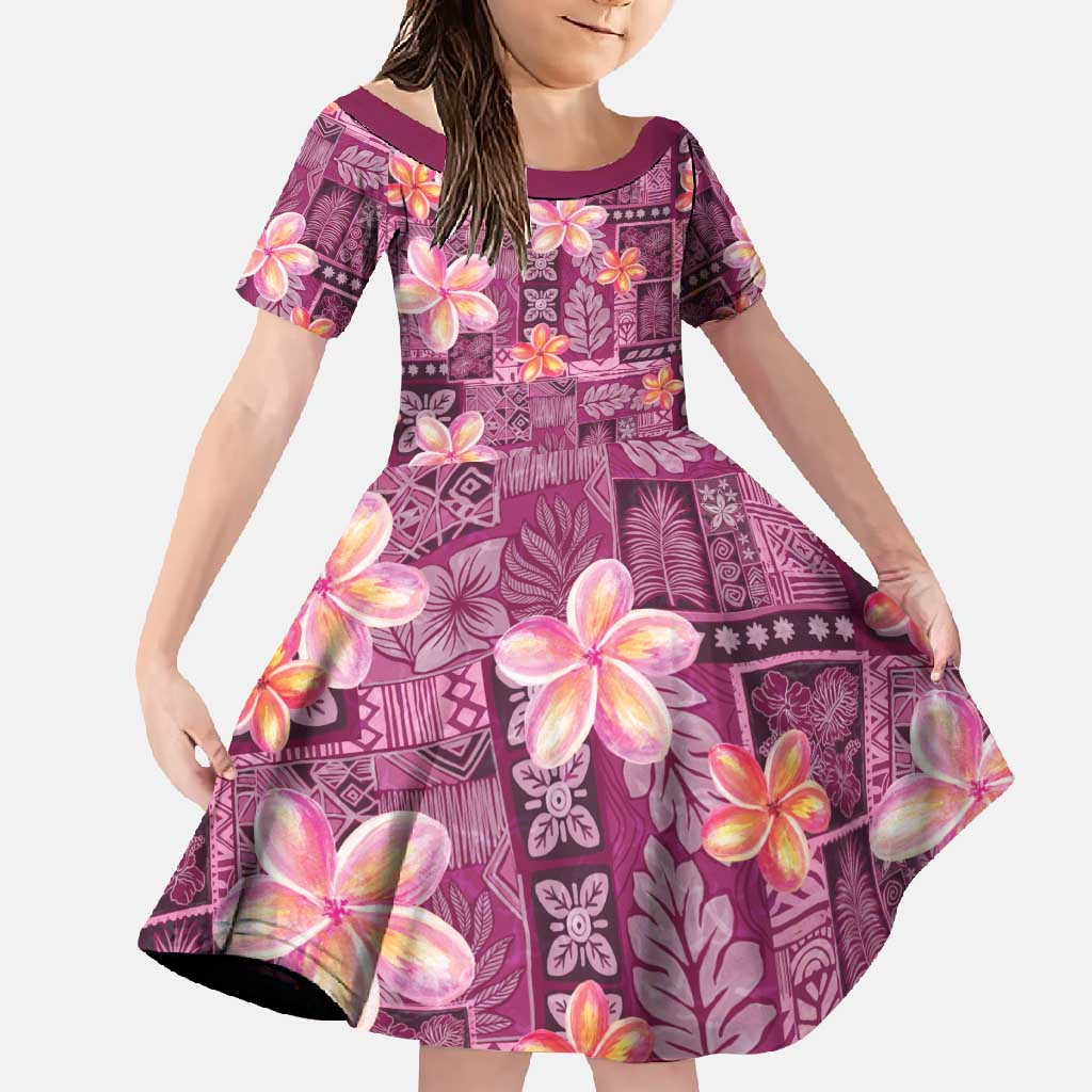 Pink Hawaii Plumeria With Tropical Flowers Motifs Family Matching Short Sleeve Bodycon Dress and Hawaiian Shirt LT14 Daughter's Dress Pink - Polynesian Pride