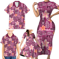 Pink Hawaii Plumeria With Tropical Flowers Motifs Family Matching Short Sleeve Bodycon Dress and Hawaiian Shirt LT14 - Polynesian Pride