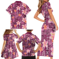 Pink Hawaii Plumeria With Tropical Flowers Motifs Family Matching Short Sleeve Bodycon Dress and Hawaiian Shirt LT14 - Polynesian Pride