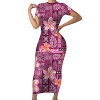 Pink Hawaii Plumeria With Tropical Flowers Motifs Family Matching Short Sleeve Bodycon Dress and Hawaiian Shirt LT14 Mom's Dress Pink - Polynesian Pride