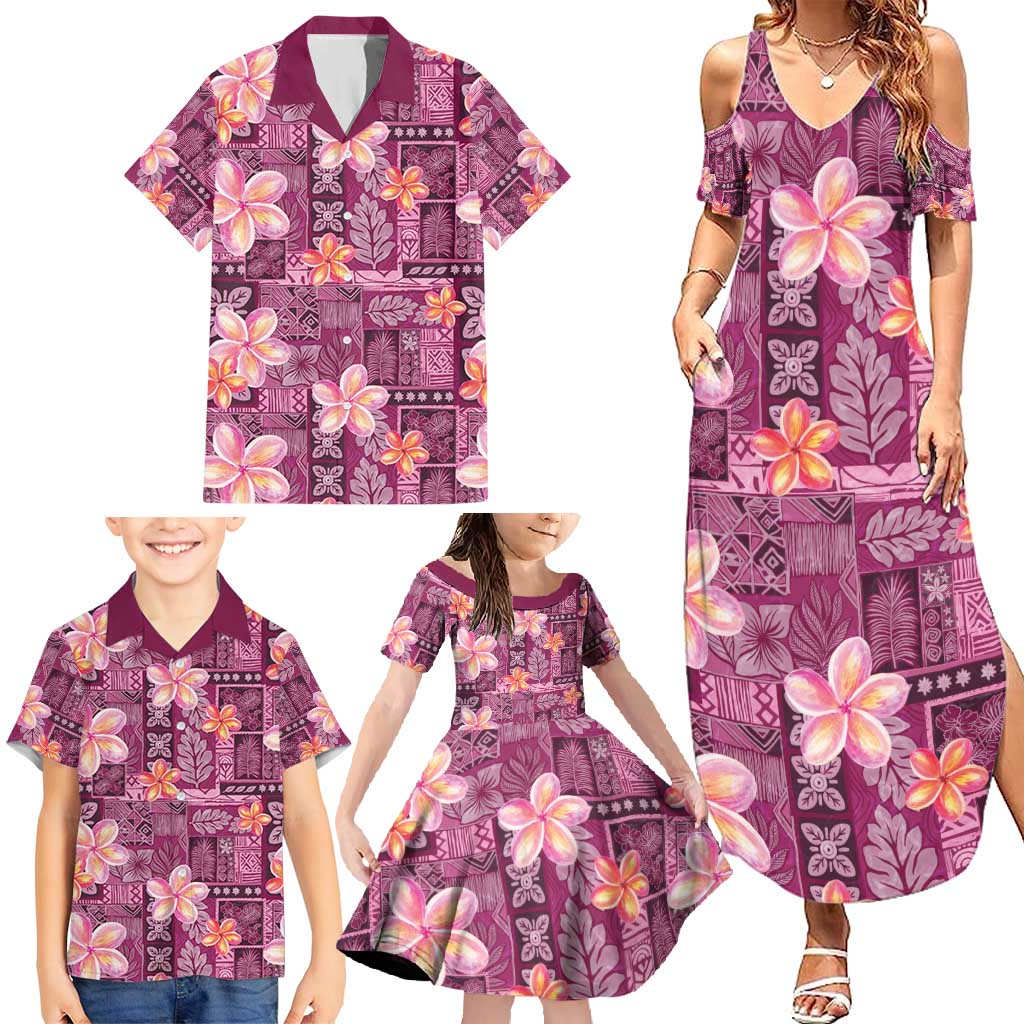 Pink Hawaii Plumeria With Tropical Flowers Motifs Family Matching Summer Maxi Dress and Hawaiian Shirt LT14 - Polynesian Pride