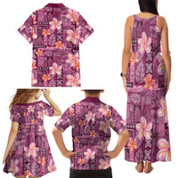 Pink Hawaii Plumeria With Tropical Flowers Motifs Family Matching Tank Maxi Dress and Hawaiian Shirt
