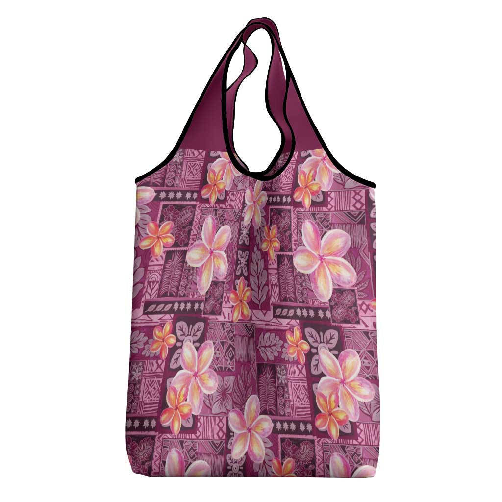Pink Hawaii Plumeria With Tropical Flowers Motifs Grocery Bag