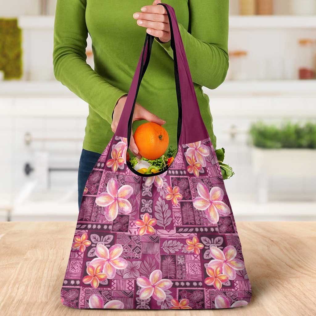 Pink Hawaii Plumeria With Tropical Flowers Motifs Grocery Bag