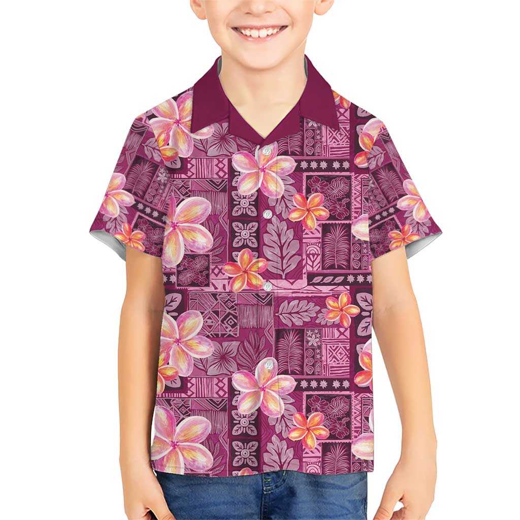 Pink Hawaii Plumeria With Tropical Flowers Motifs Kid Hawaiian Shirt