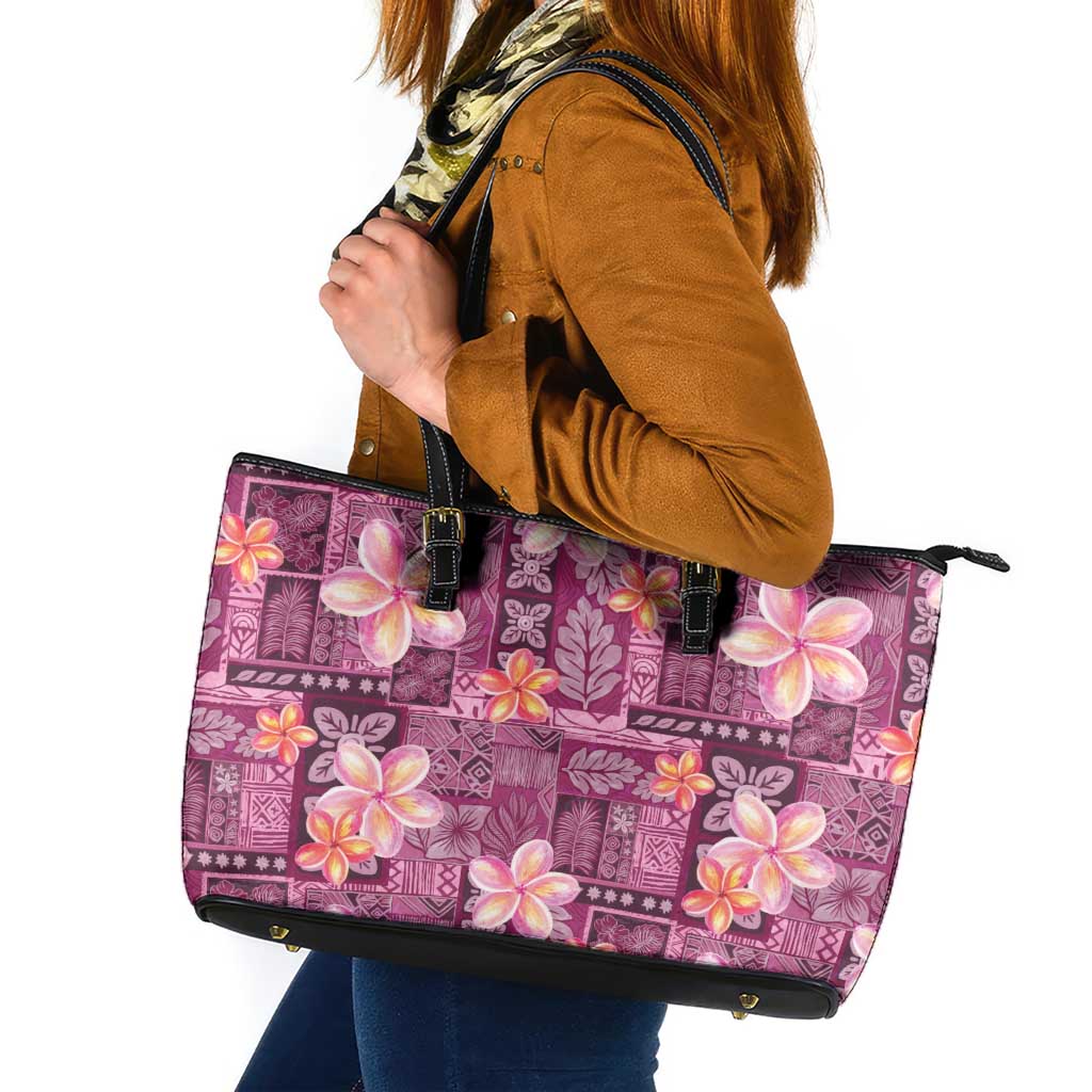 Pink Hawaii Plumeria With Tropical Flowers Motifs Leather Tote Bag