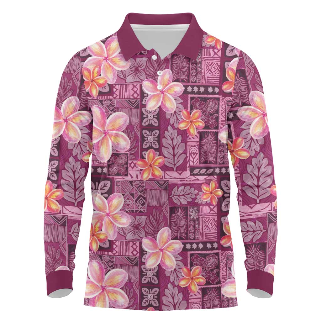 Pink Hawaii Plumeria With Tropical Flowers Motifs Long Sleeve Polo Shirt LT14 Pink - Polynesian Pride
