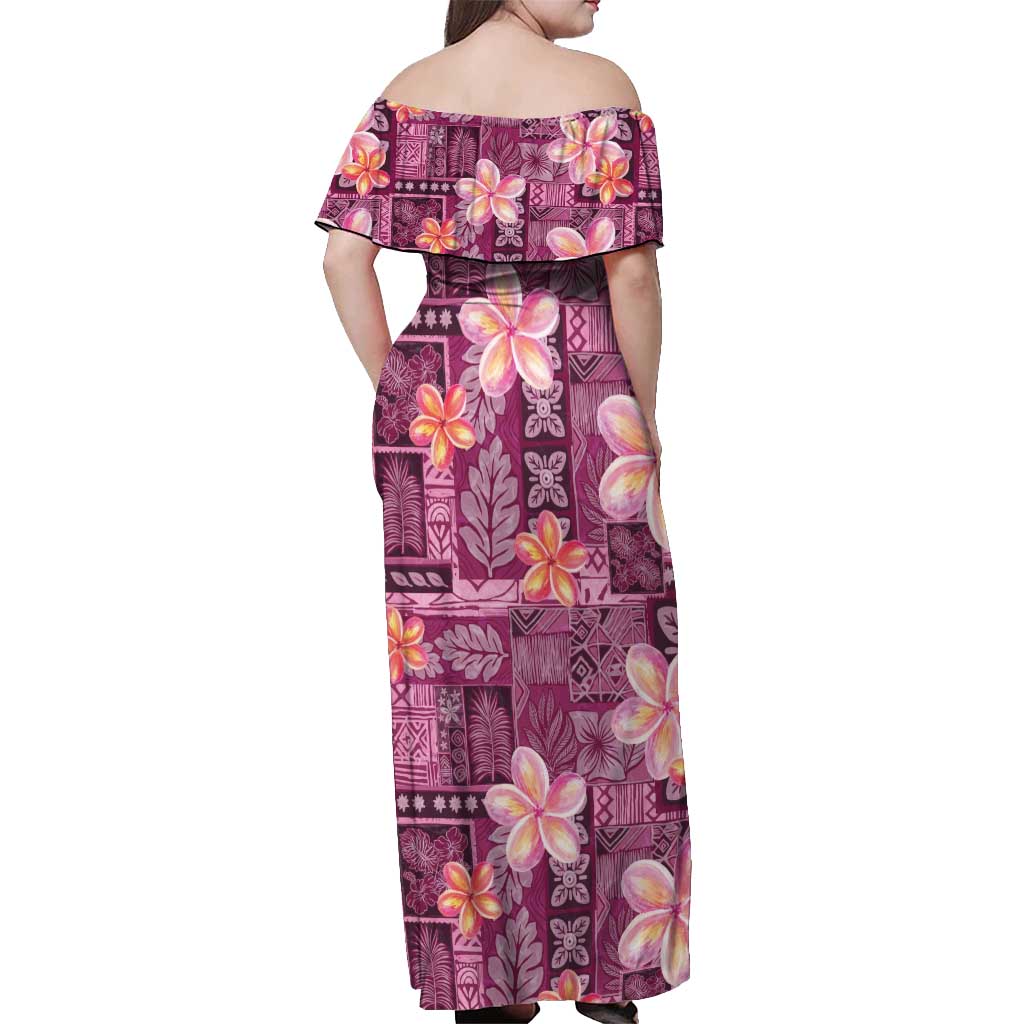 Pink Hawaii Plumeria With Tropical Flowers Motifs Off Shoulder Maxi Dress
