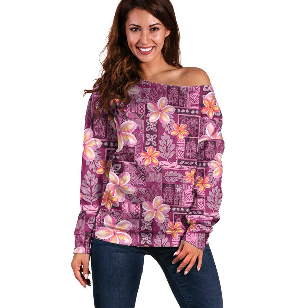 Pink Hawaii Plumeria With Tropical Flowers Motifs Off Shoulder Sweater
