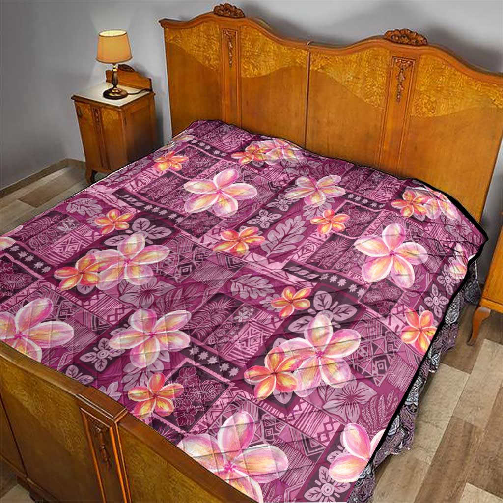 Pink Hawaii Plumeria With Tropical Flowers Motifs Quilt