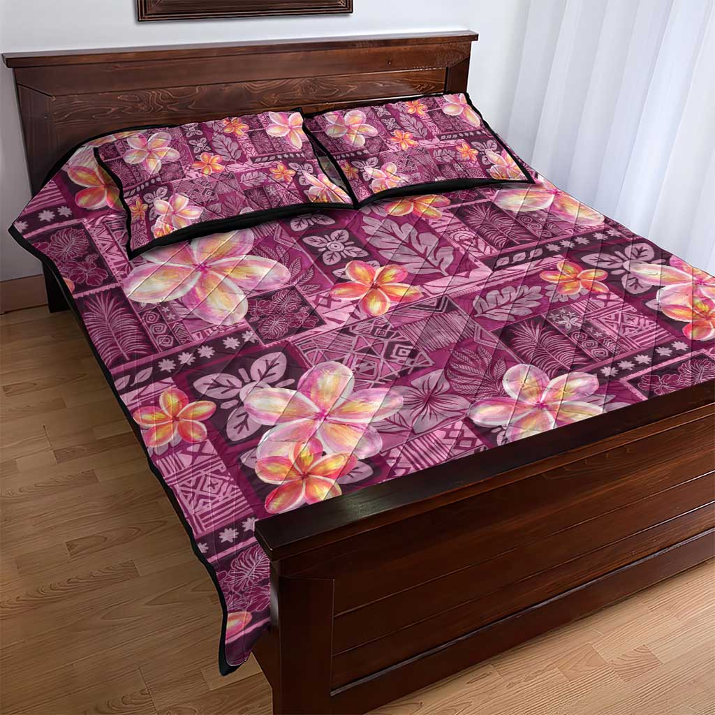 Pink Hawaii Plumeria With Tropical Flowers Motifs Quilt Bed Set