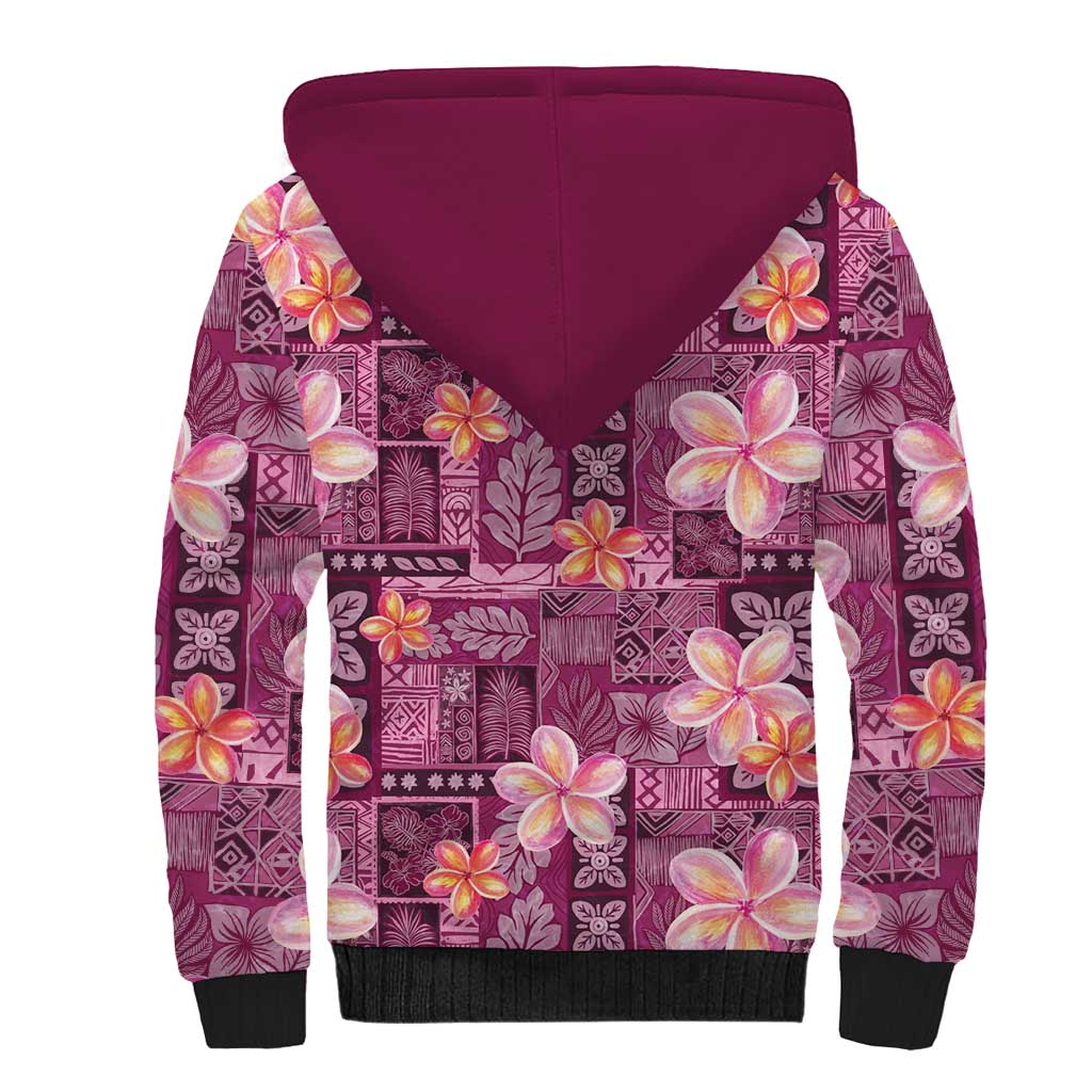 Pink Hawaii Plumeria With Tropical Flowers Motifs Sherpa Hoodie