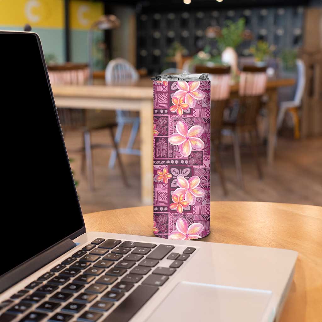 Pink Hawaii Plumeria With Tropical Flowers Motifs Skinny Tumbler