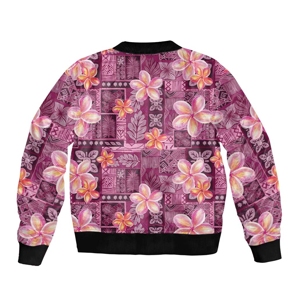 Pink Hawaii Plumeria With Tropical Flowers Motifs Sleeve Zip Bomber Jacket LT14 - Polynesian Pride