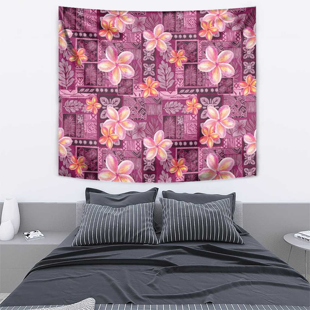 Pink Hawaii Plumeria With Tropical Flowers Motifs Tapestry