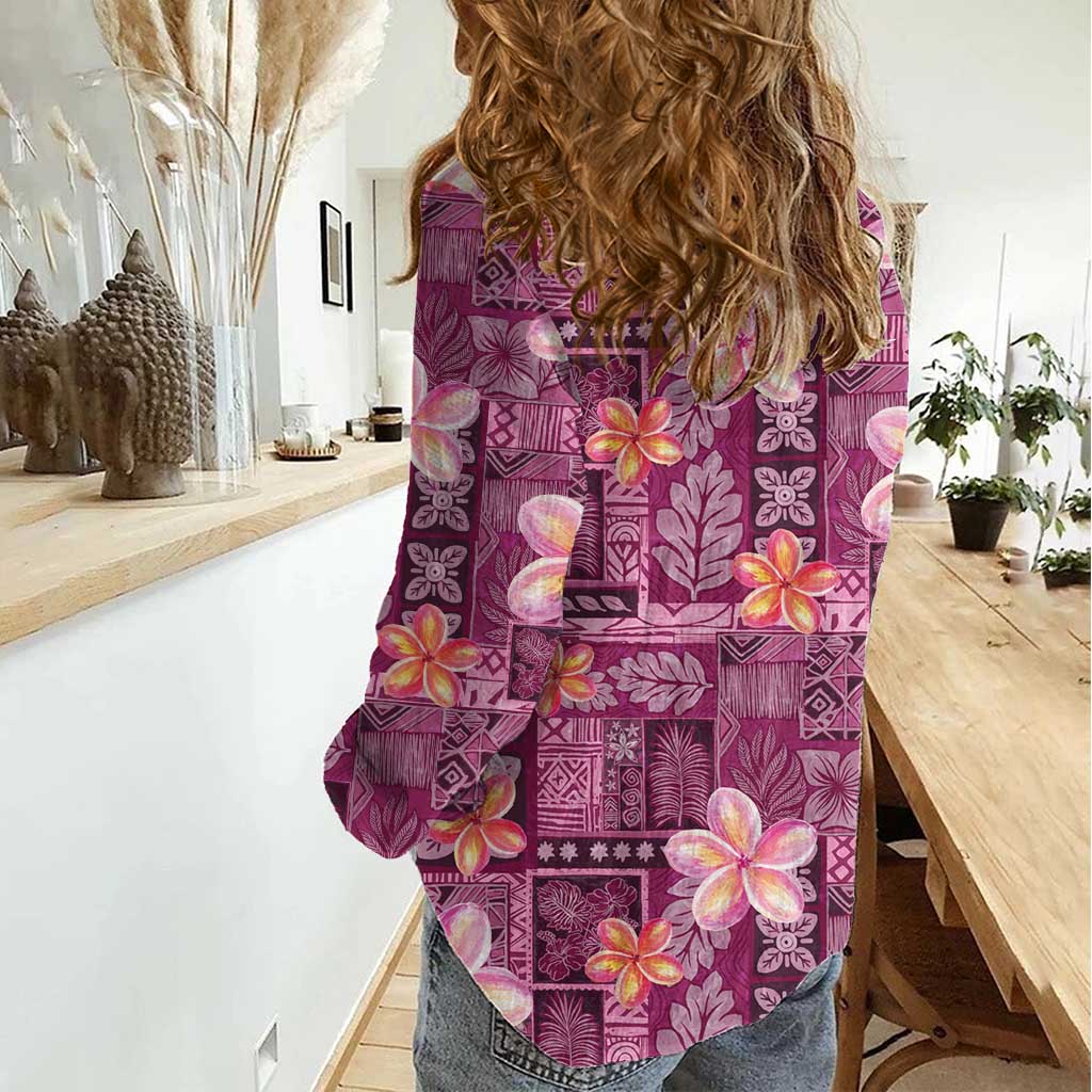 Pink Hawaii Plumeria With Tropical Flowers Motifs Women Casual Shirt