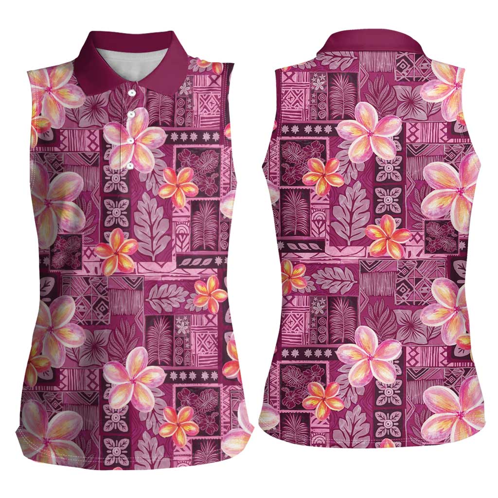 Pink Hawaii Plumeria With Tropical Flowers Motifs Women Sleeveless Polo Shirt LT14 - Polynesian Pride
