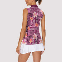 Pink Hawaii Plumeria With Tropical Flowers Motifs Women Sleeveless Polo Shirt LT14 - Polynesian Pride