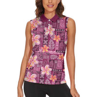 Pink Hawaii Plumeria With Tropical Flowers Motifs Women Sleeveless Polo Shirt LT14 - Polynesian Pride