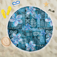 Cyan Hawaii Plumeria With Tropical Flowers Motifs Beach Blanket