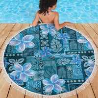 Cyan Hawaii Plumeria With Tropical Flowers Motifs Beach Blanket