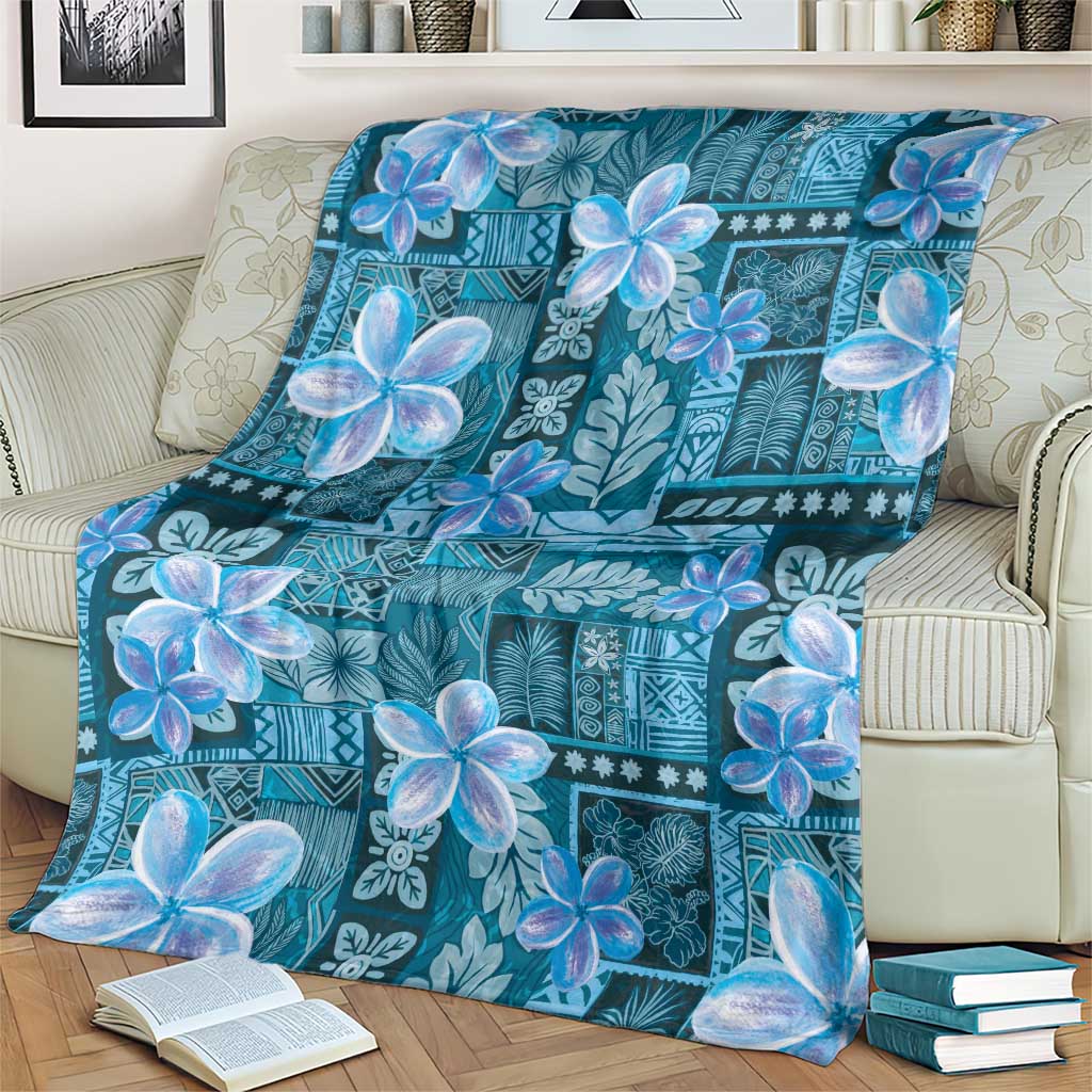 Cyan Hawaii Plumeria With Tropical Flowers Motifs Blanket