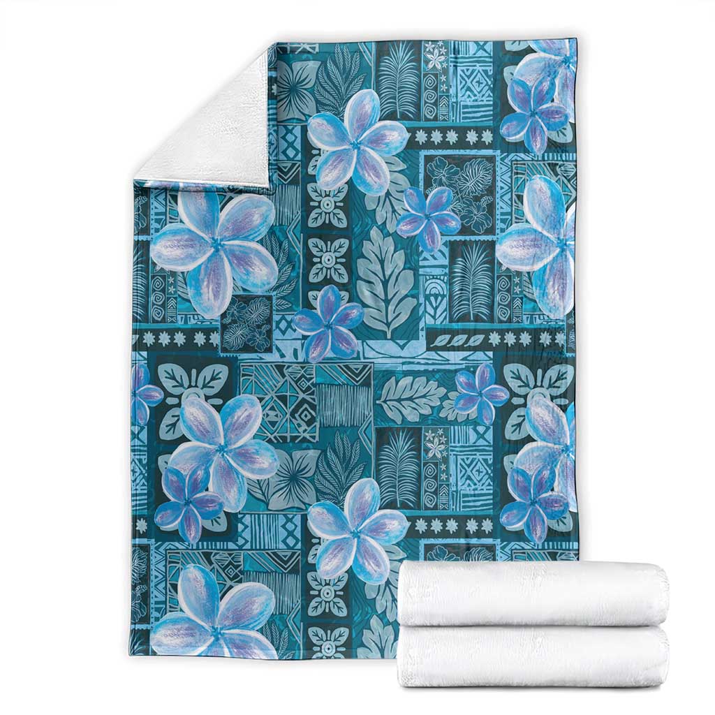 Cyan Hawaii Plumeria With Tropical Flowers Motifs Blanket