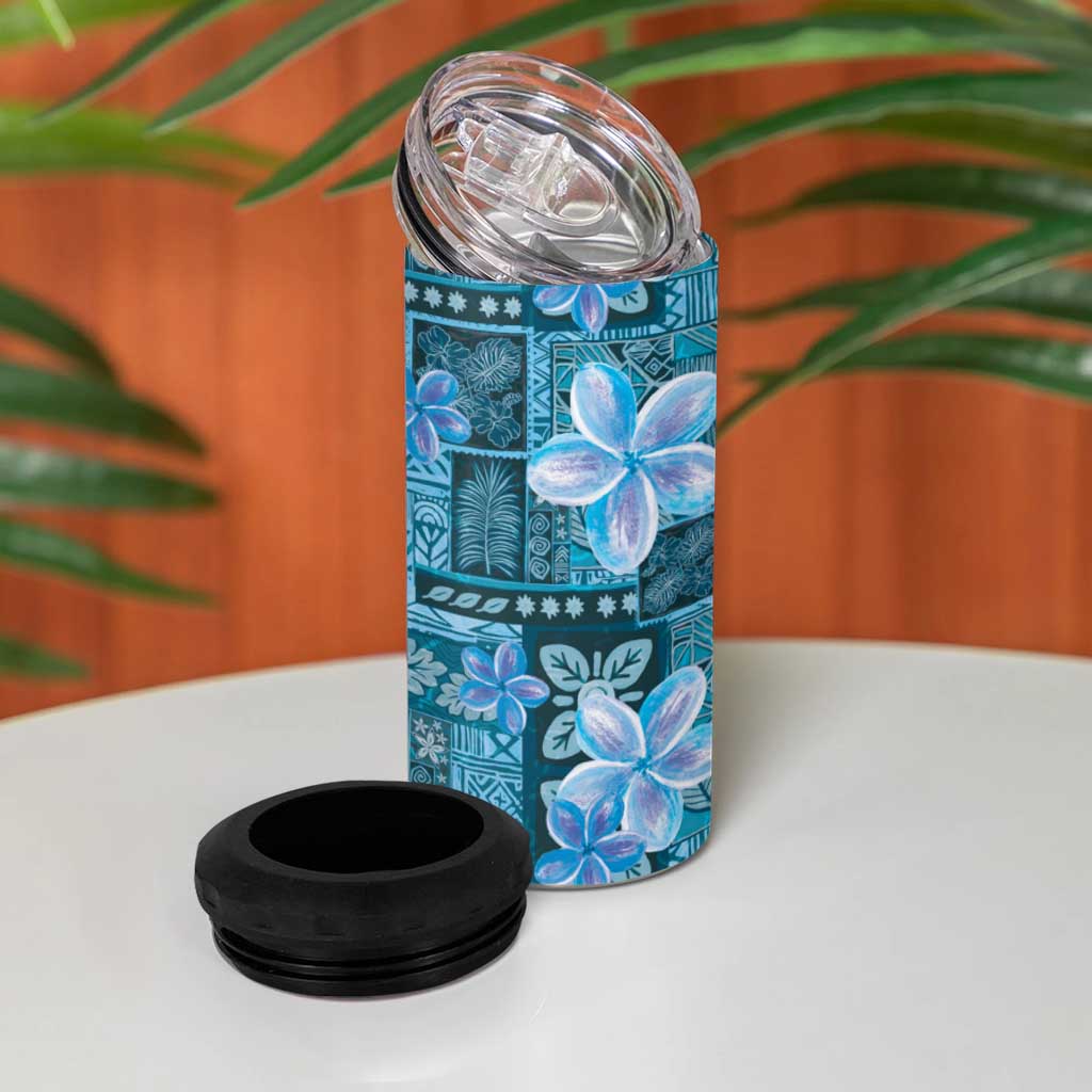Cyan Hawaii Plumeria With Tropical Flowers Motifs 4 in 1 Can Cooler Tumbler